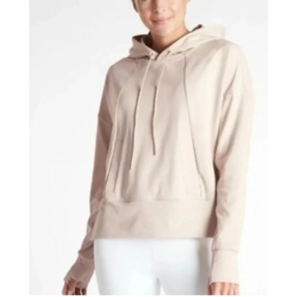 Athleta Womens Mission Hoodie Beige Pullover Thumb Holes High Low Hem Size M